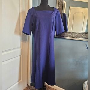 Lafayette 148 Navy Acetate Blend V Neck Short Sleeve Back Zip Dress